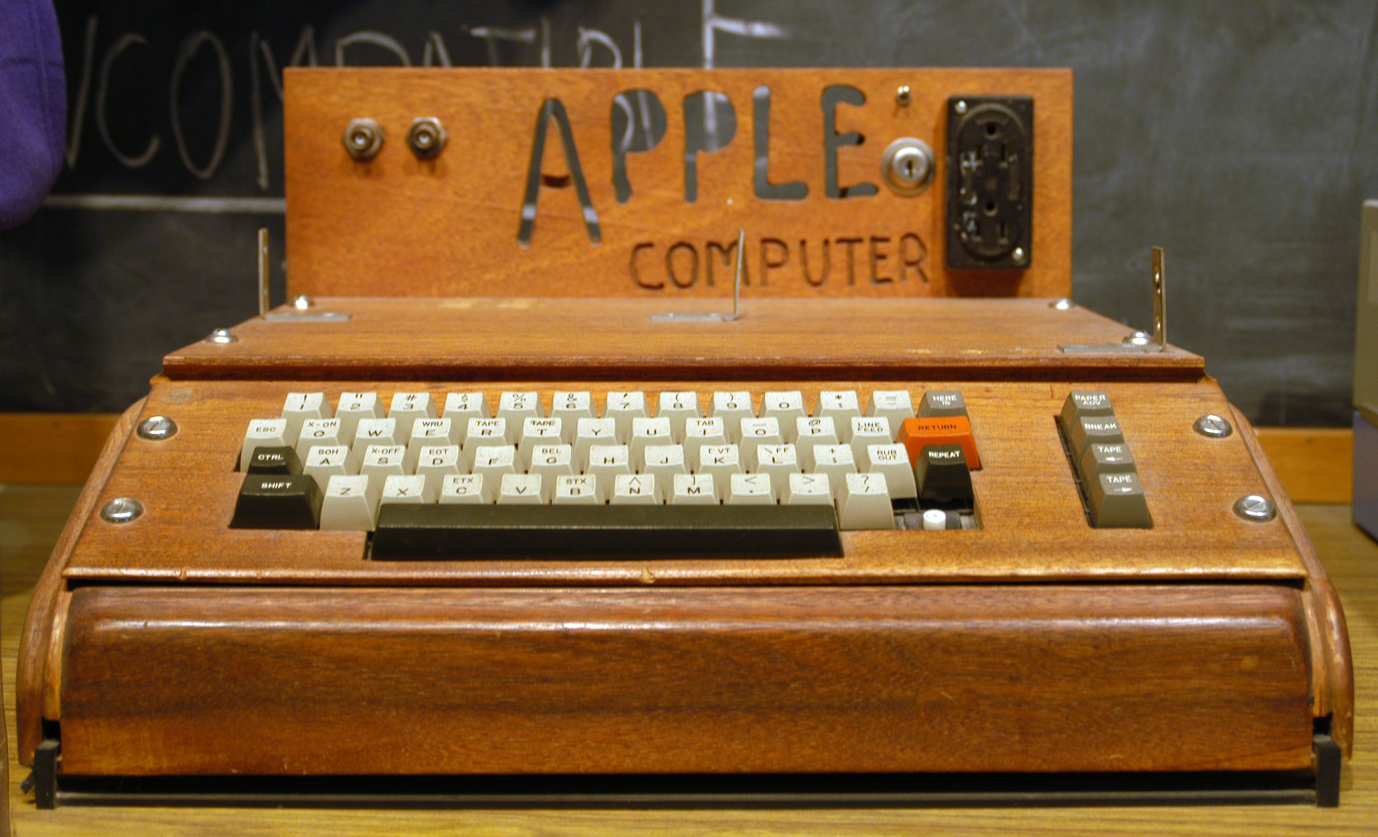 Photo of Apple's first computer,which was first released when Apple started on April 1, 1976. 
  Steve Jobs now has it in his parent's garage. The auctioneer, Christie’s, estimates a sale price of between $400,000 and $600,000. 
  That is a lot of money! 